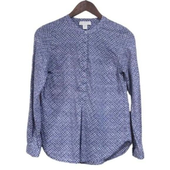 Kenar Tops - Kenar Blue Geometric 100% Cotton Long Sleeve Blouse, Size XS